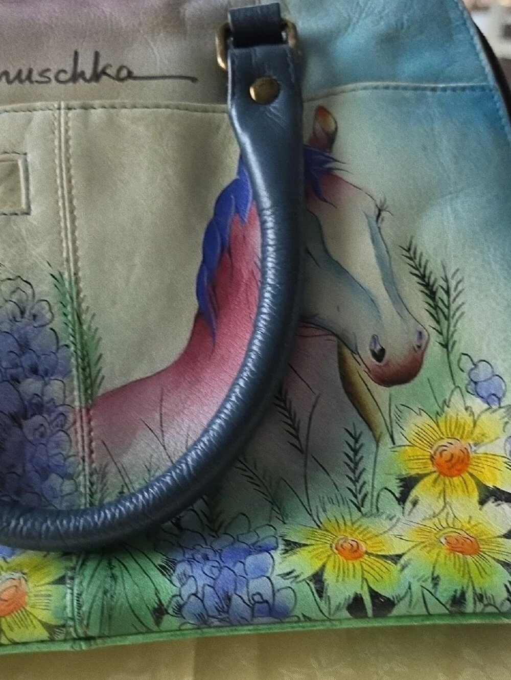 Colorful Horse Art Laptop Sleeve - Green.nwot Single Leather Handle